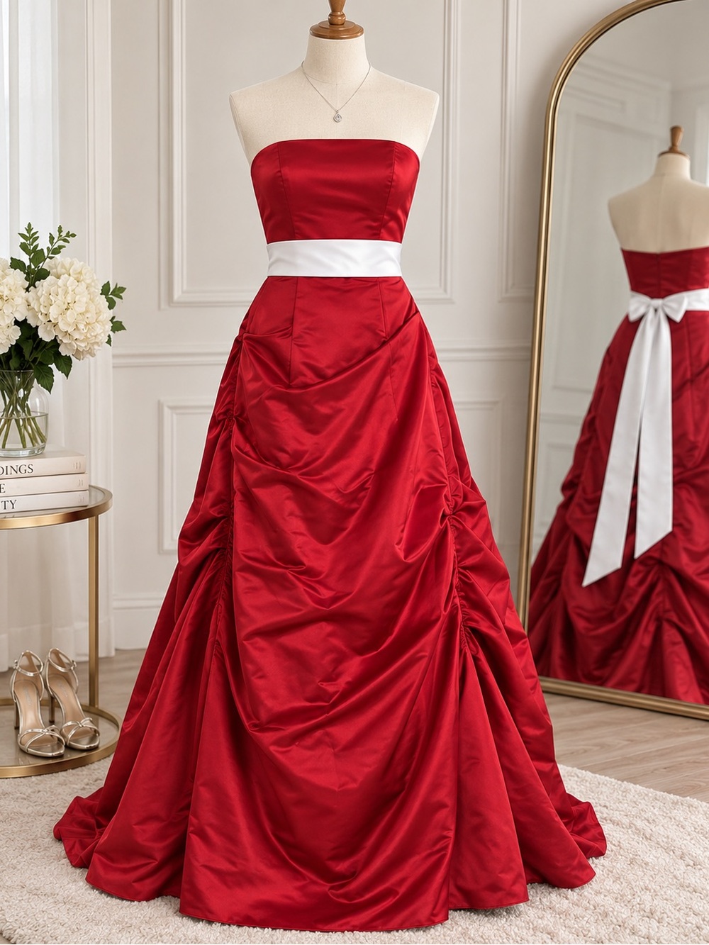 David’s Bridal Red Bridesmaid Dress Size 4 + White Sash Like New